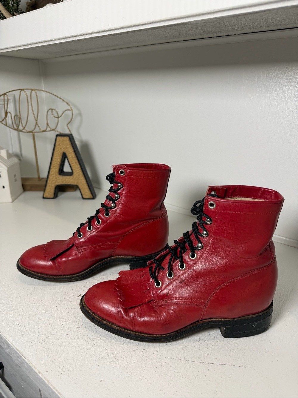 Justin Womens 7 Red Leather Lace Up Western Boots Kiltie Fringe Vintage Roper